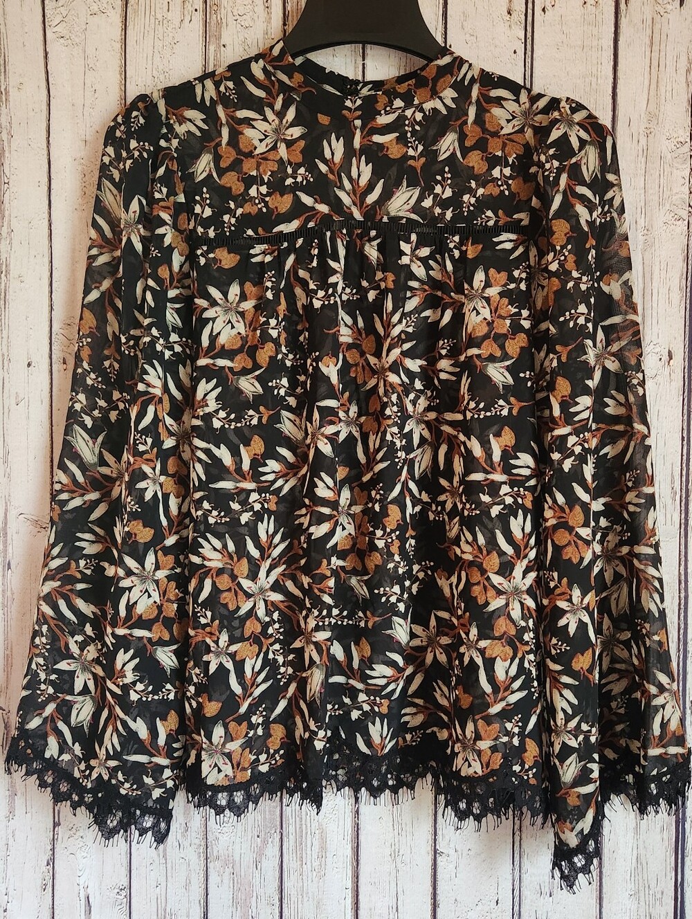 MAX STUDIO Floral Sheer Chiffon Lace Trim Blouse Bell Sleeve Boho Top Size S